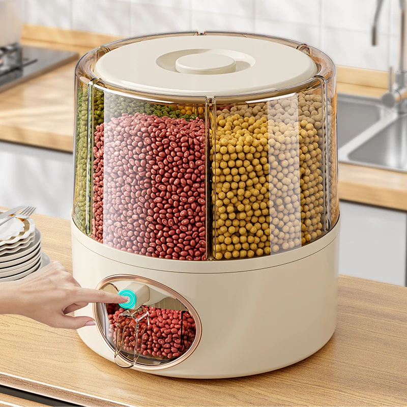H48fc367a245a48a28176ab51d92e644bC.webp Home and Kitchen Clear Organization Plastic 6-Grid Dry Food Storage Containers 360° Rotating Rice Barrel Cereal Grain Dispensers - Image 1